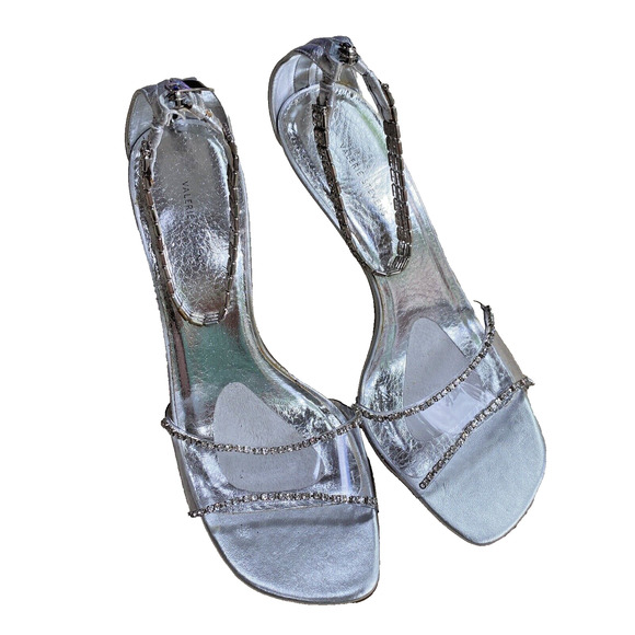 Valerie Stevens Lucite 2 Silver Rhinestones High Heels Ankle Strap Shoes US 8.5M - Picture 2 of 11